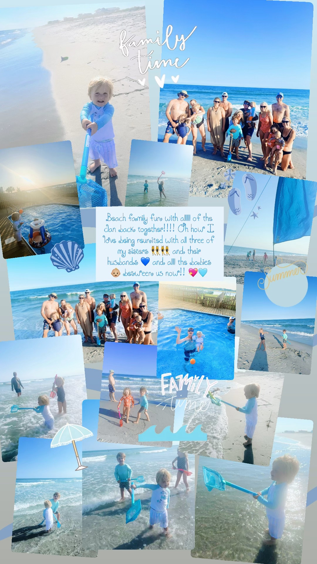 Beach family fun with allllll of the clan back together!!!! Oh how I love being reunited with all three of my sisters 👯‍♀️👯‍♀️ and their husbands 💙 and allll the babies 👶🏼 between us now!! 💖🩵 Also. Wes bought them all little fishing 🎣 nets and it has been quite the hit!! 🤩