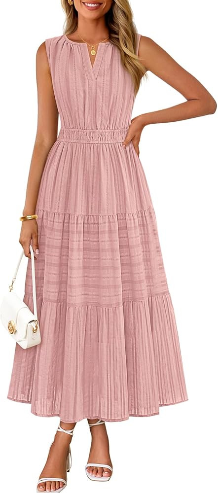 MEROKEETY Spring Summer Midi Dresses for Women 2026 Casual Beach Vacation Sleeveless Boho V Neck ... | Amazon (US)