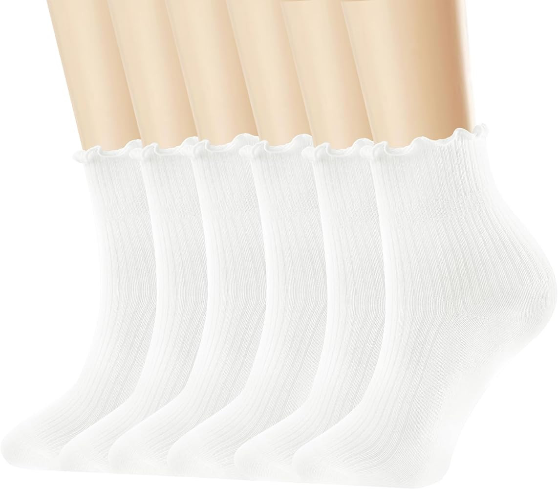 Women's Ruffled Ankle Boot Socks - Soft Knit Cotton Lettuce Trim Crew Socks for Teen Women 6 Pair... | Amazon (US)