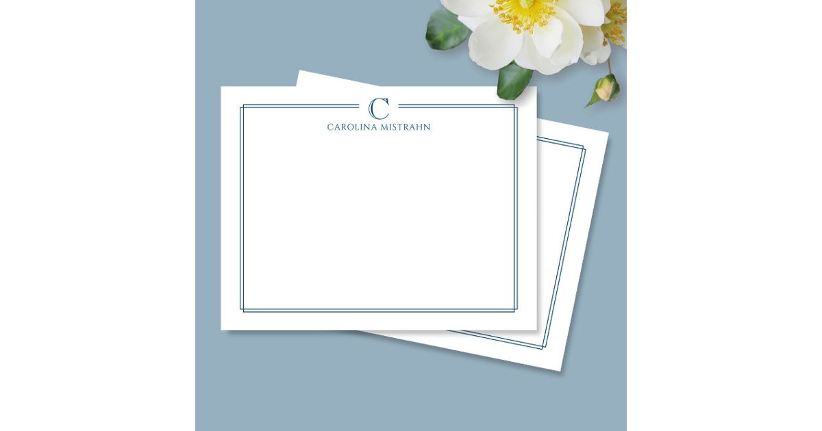 Monogram Elegant Navy Blue Border Stationery Note Card | Zazzle | Zazzle