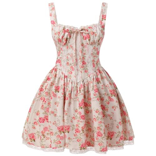 Women's Corset Mini Dress Square Neck Spaghetti Straps Backless Floral Lace up Low Cut Ruffle Mini Short Dress Summer Sundress Peach X-Large | Amazon (US)