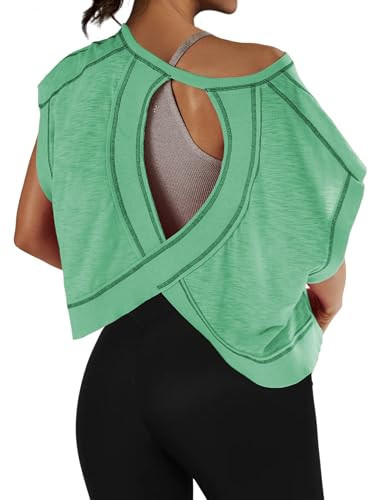 Anoumcy Cotton Open Back Workout Top for Women Casual Athletic Gym Yoga Workout Crop Shirts Running Activewear Tops Green L | Amazon (US)