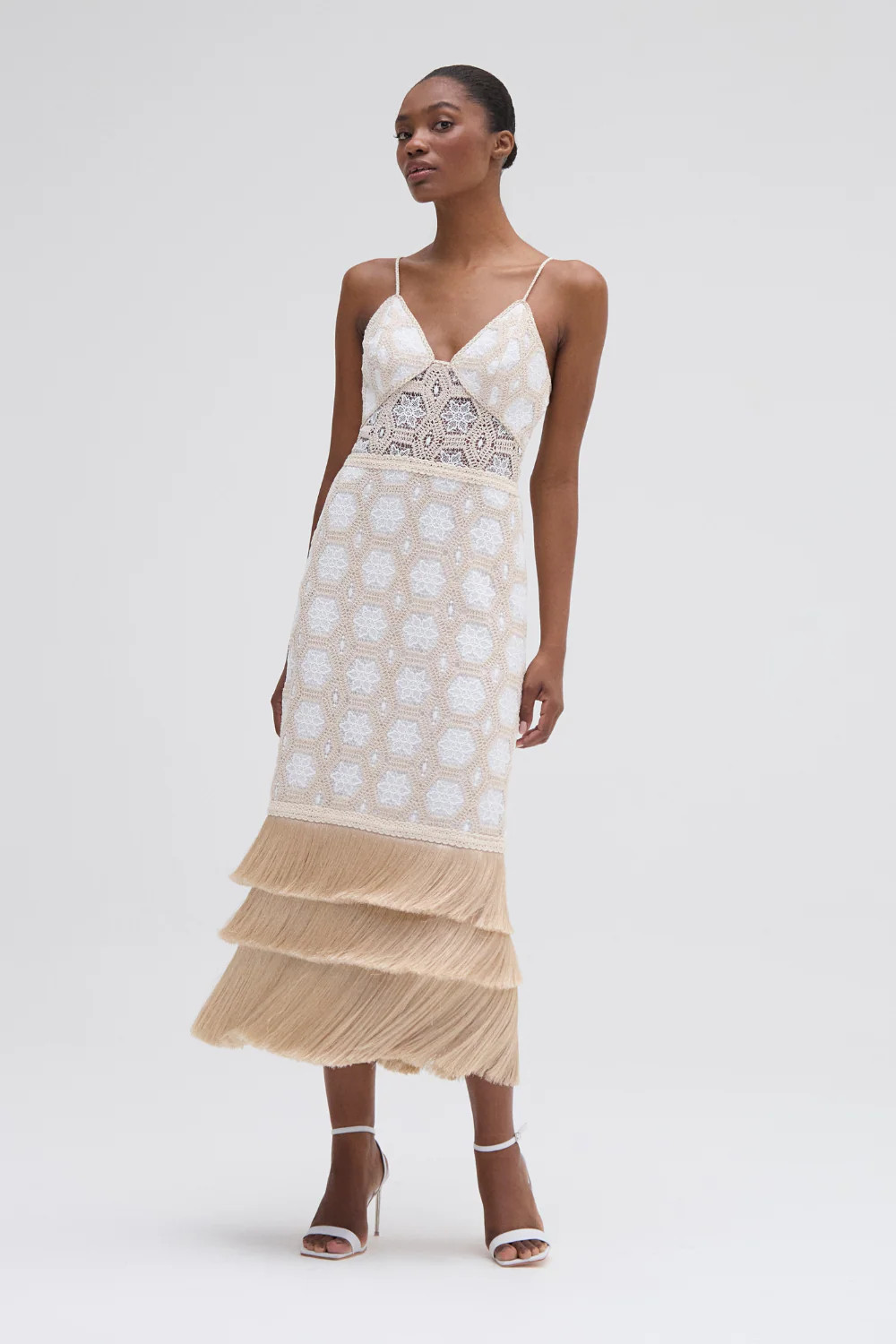 NATURAL CROCHET PLUNGE MIDI DRESS | PatBO