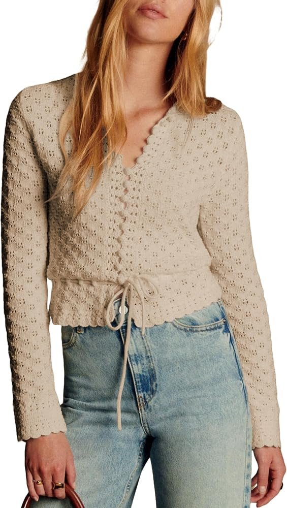 Bianstore Womens Casual Long Sleeve Crewneck Crochet Cardigan Lightweight Hollow Out Tie Front Kn... | Amazon (US)