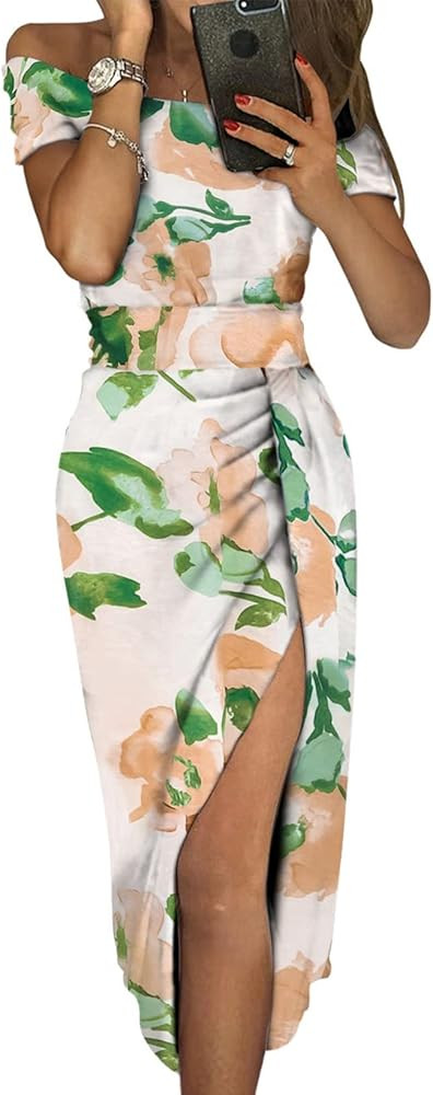 Sidefeel Women's Casual Off The Shoulder Floral Print High Slit Ruched Bodycon Evening Party Dress | Amazon (US)