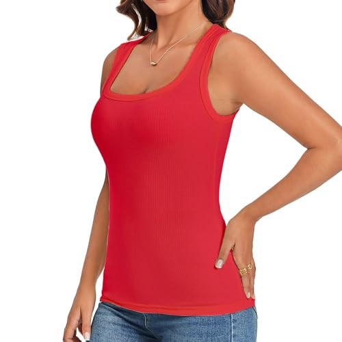 Red Ribbed Tank Tops Women Slim-Fit (Red Small) | Amazon (US)
