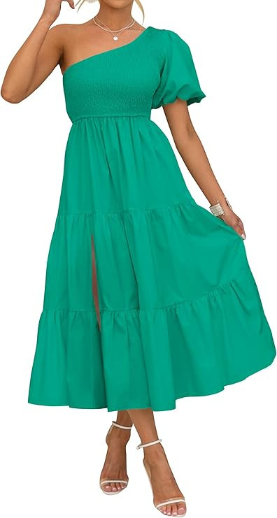 ZESICA Women's 2024 Boho Summer One Shoulder Short Sleeve Smocked Side Split Ruffle Swing Midi Dr... | Amazon (US)