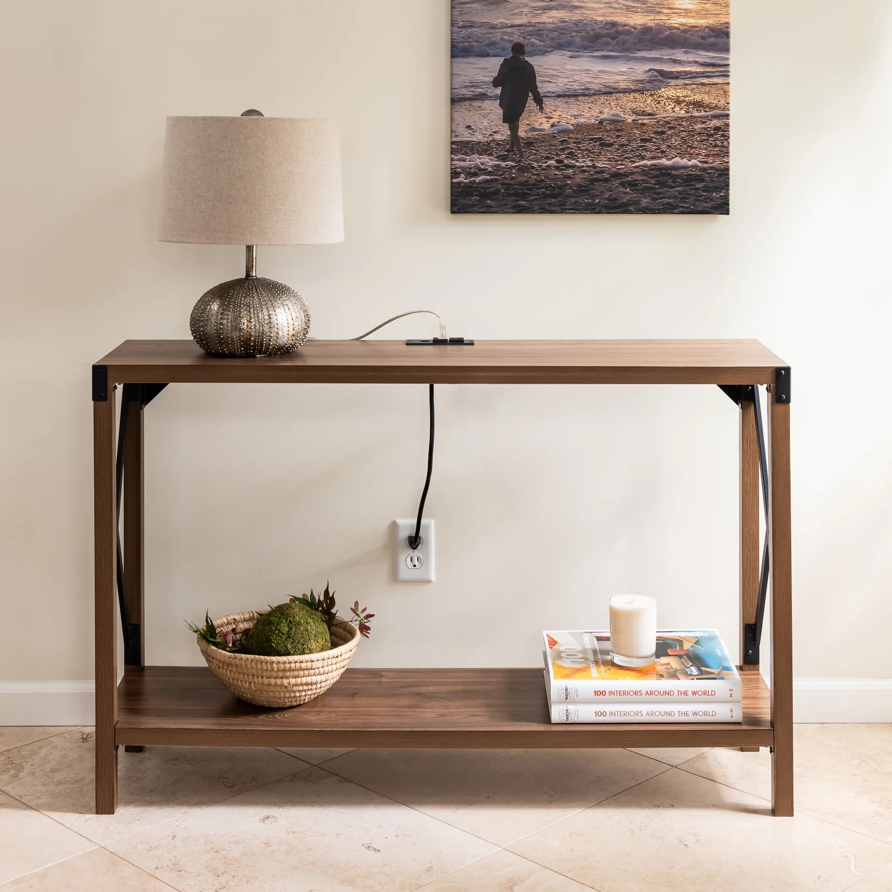 DecorTech Industrial Rectangular Wood Console Table with AC Power and USB Charging Ports, Walnut ... | Walmart (US)