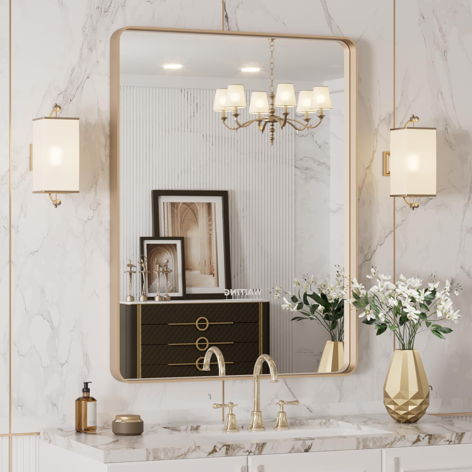 LOAAO 24”X32” Gold Bathroom Mirror, Rounded Rectangle Gold Frame Mirror, Brushed Gold Bathroom Vanity Mirror Wall-Mounted, Anti-Rust, Hangs Horizontally or Vertically | Amazon (US)