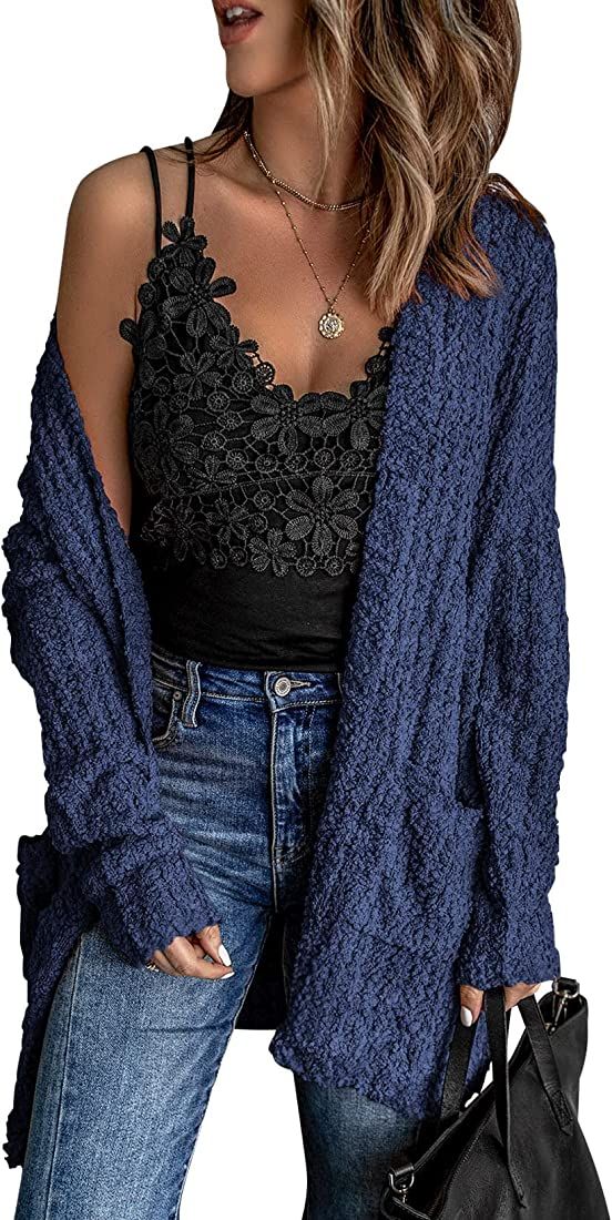 Sidefeel Women Open Front Popcon Fuzzy Knit Cardigan with Pockets | Amazon (US)