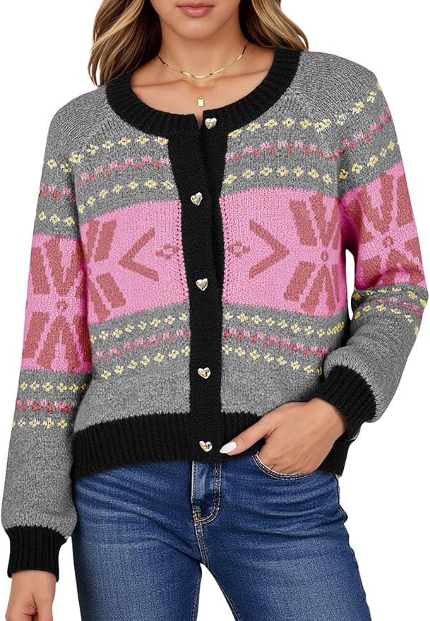 Saodimallsu Womens Button Up Cardigan Sweaters Crew Neck Vintage Fair Isle Long Sleeve Warm Knit ... | Amazon (US)