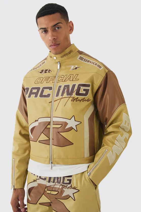 Boxy Official Pu Moto Jacket In Camel | boohooMAN (US & Canada)