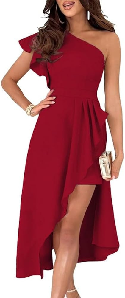 Dokotoo Womens One Shoulder Sleeveless Ruffle Empire Waist Asymmetrical High-Low Bodycon Formal W... | Amazon (US)