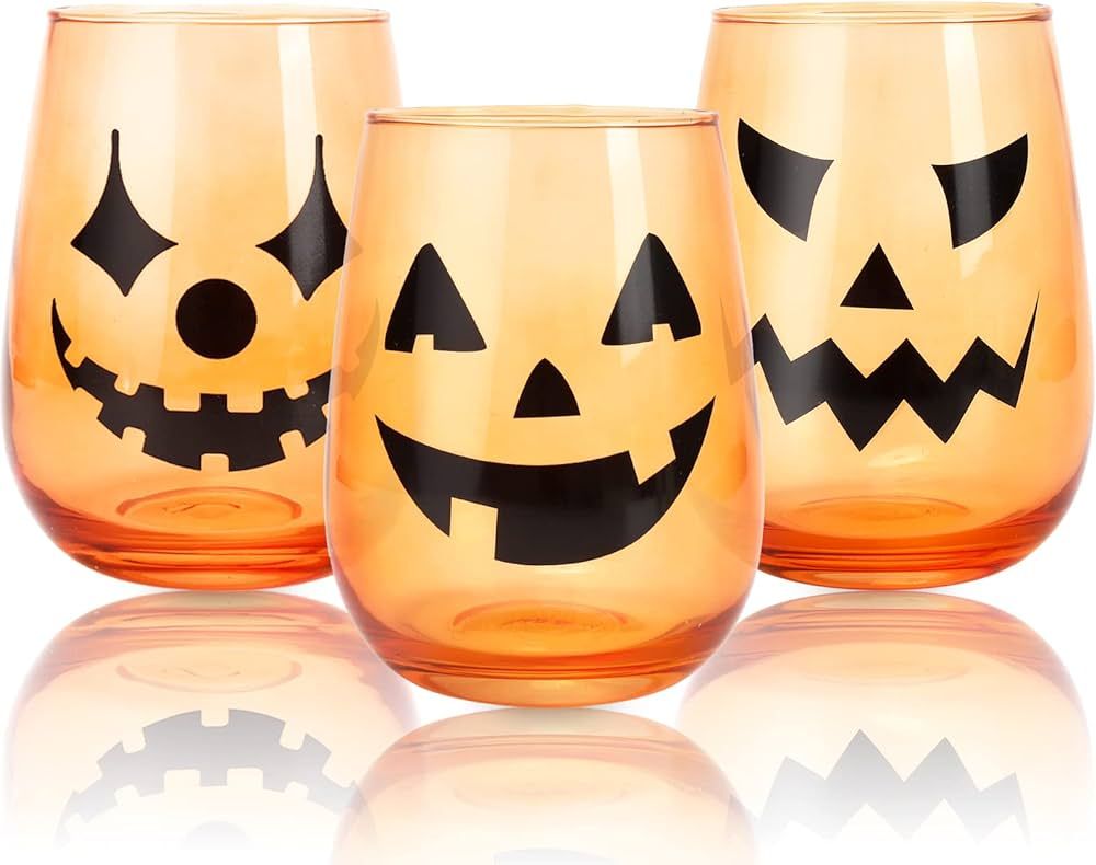 Whaline 3 Pieces Halloween 17Oz Stemless Wine Glasses Clear Orange Jack-O-Lantern Drinking Glasse... | Amazon (US)