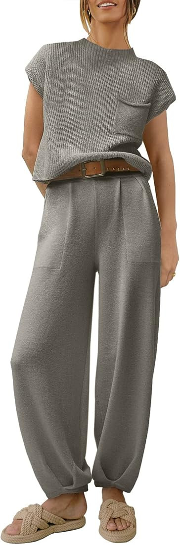 ANRABESS Women's Two Piece Outfits Sweater Sets Knit Pullover Tops and High Waisted Pants Tracksuit  | Amazon (US)