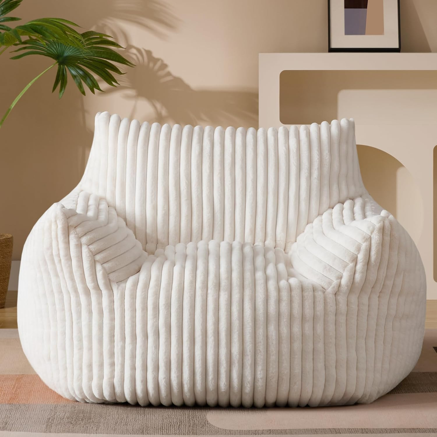 Giant Plush Bean Bag Chair for Adults with Armrests - Oversized Comfy Beige Beanbag Lounge Lazy Floor Sofa Accent Chair for Living Room, Bedroom & Dorm, Cozy Fluffy Single Cloud Mini Couch | Amazon (US)