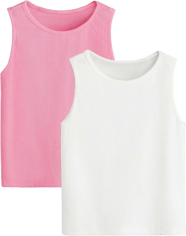 Milumia Girl's 2 Pieces Solid Ribbed Knit Tank Top Crew Neck Sleeveless Basic Tops | Amazon (US)