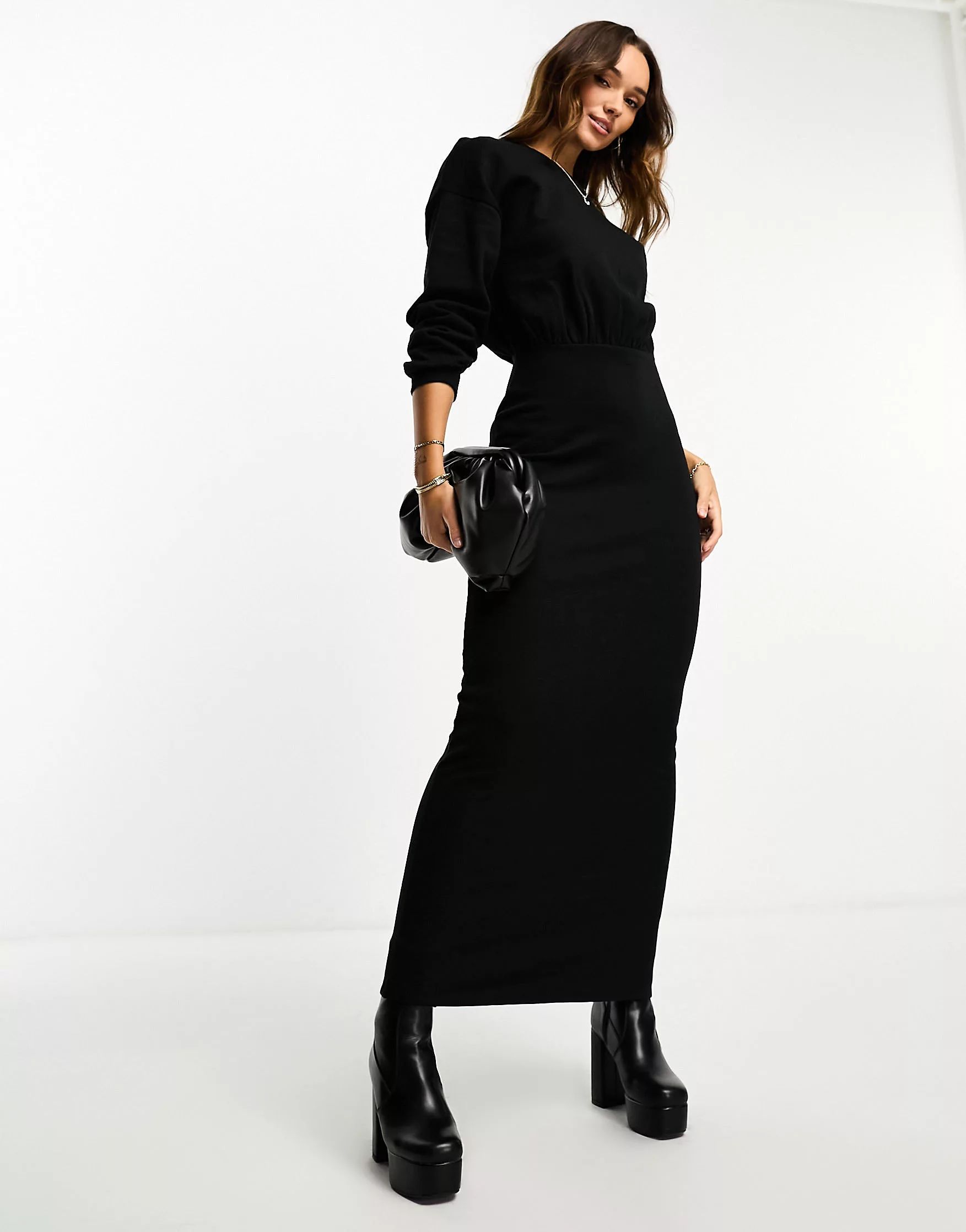 ASOS DESIGN crew neck blouson sleeve ribbed maxi dress in black | ASOS (Global)
