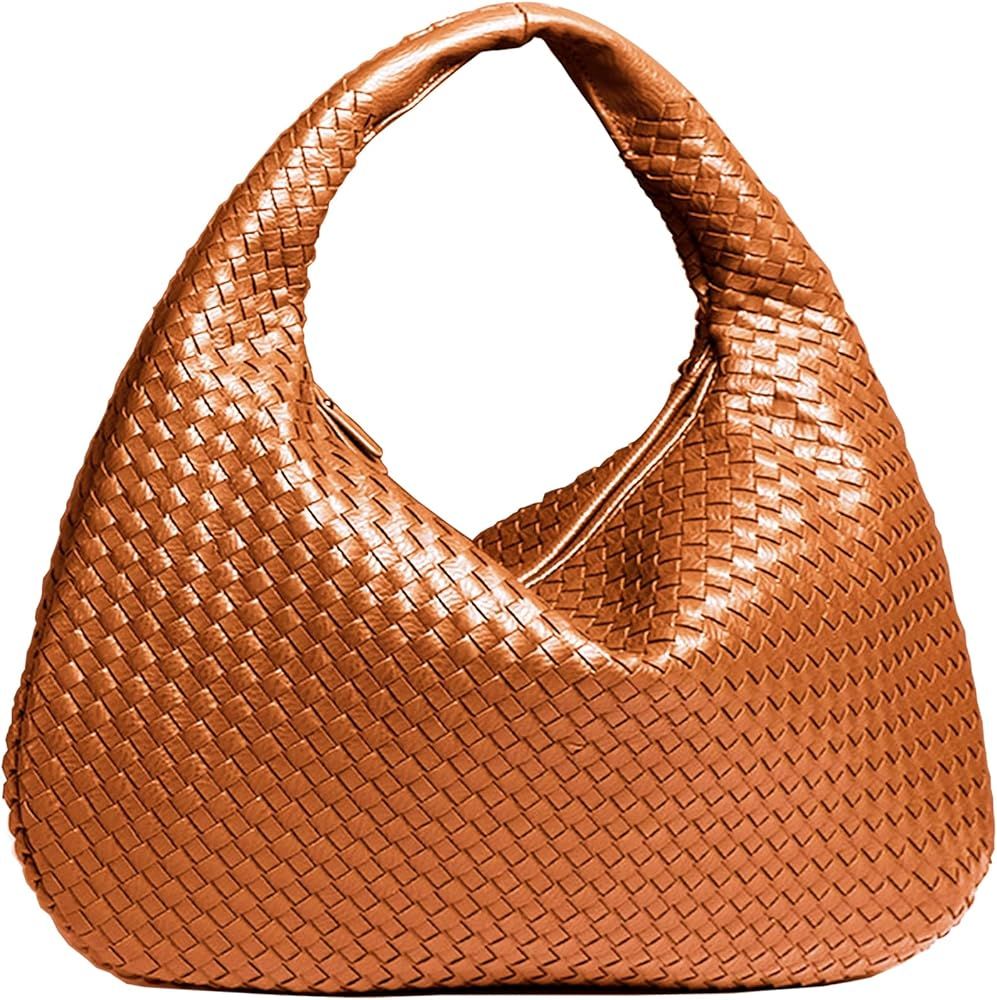 Woven Leather Hobo Bag for Women, Top-handle Shoulder Tote Bag Large Capacity Woven Handbag Under... | Amazon (US)