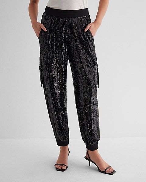 High Waisted Sequin Cargo Joggers | Express