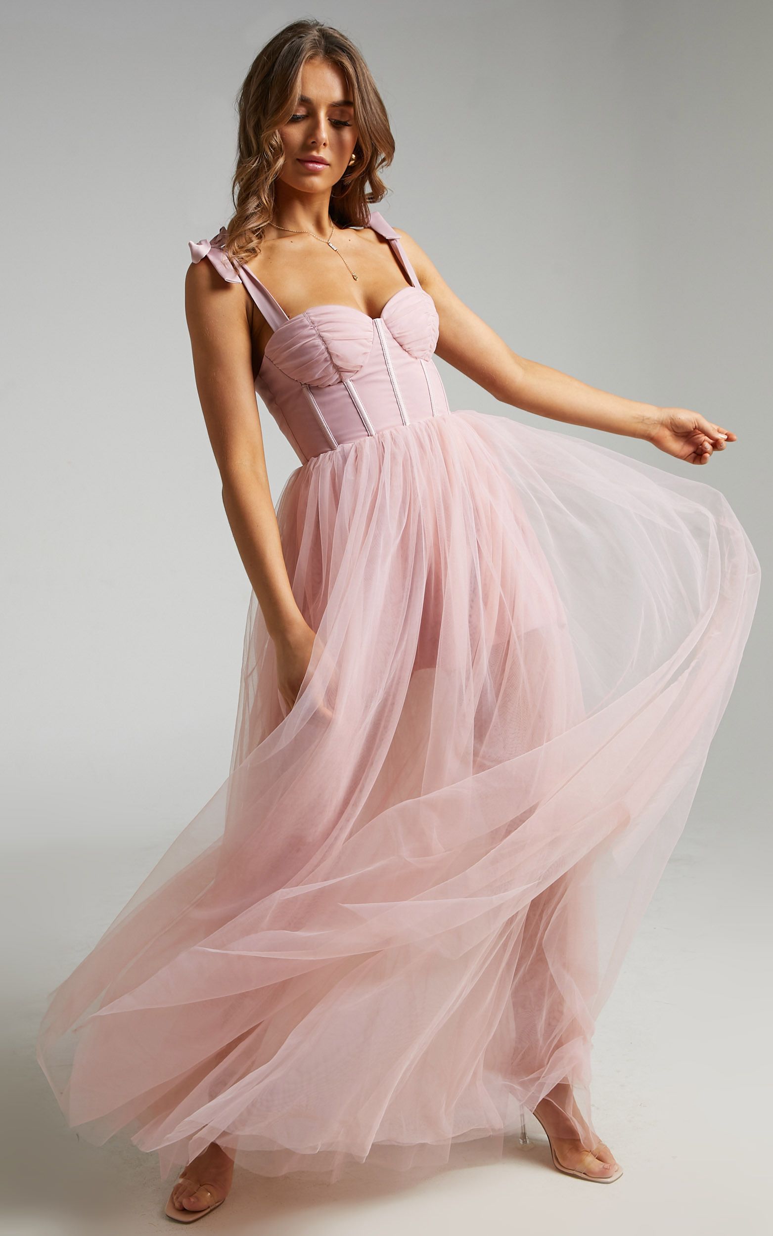 Emmary Bustier Bodice Tulle Gown in Pink | Showpo (US, UK & Europe)