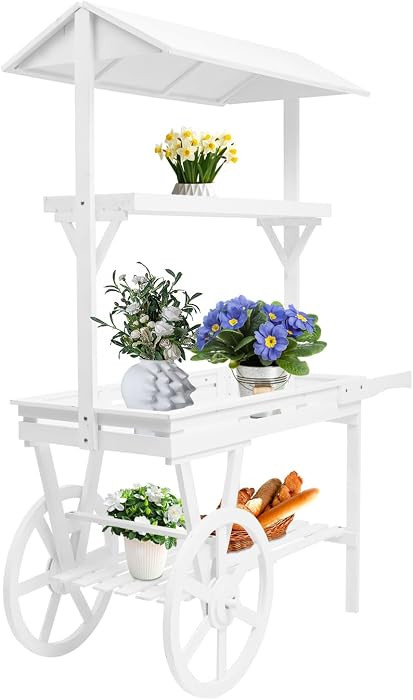 Wooden 3 Tier Rolling Table Cart With 2 Wheels, Vintage Flower Cart Display Stand, Large Country ... | Amazon (US)