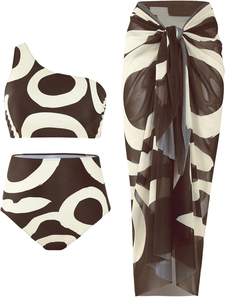 Floerns Women's Plus Size 3 Piece Bathing Suit One Shoulder Bikini Set with Cover Up | Amazon (US)