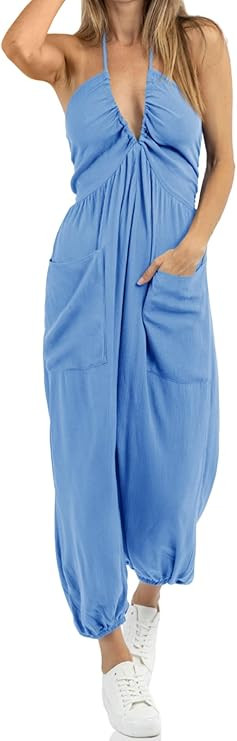 Cicy Bell Women's Sexy Halter Jumpsuits Casual Deep V Nevk Beach Jogger Long Pants Rompers | Amazon (US)