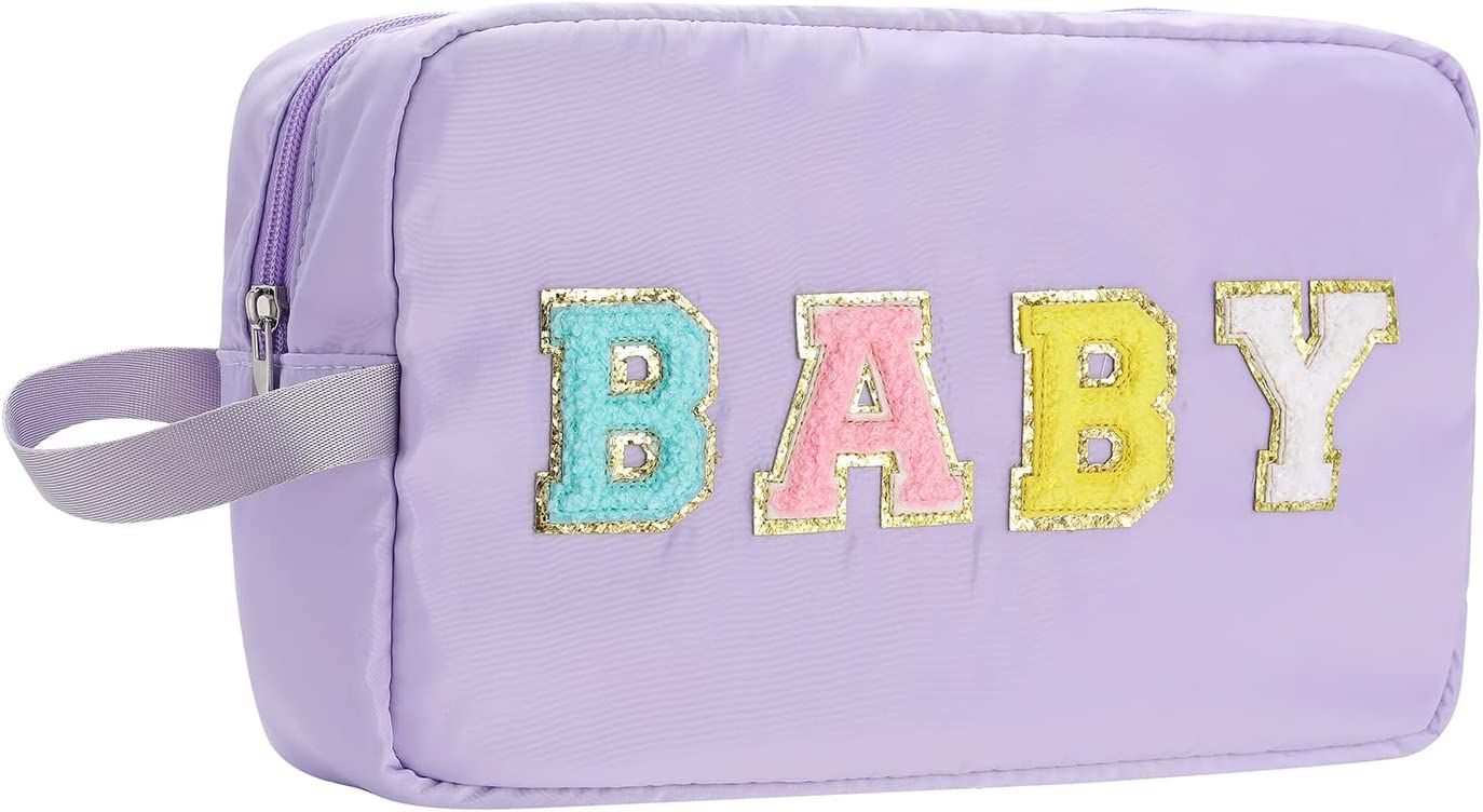 HAIBOLAN Large Nylon Zipper Makeup Bag Pouch with Chenille Letter Patches Travel Toiletry Bag Cos... | Amazon (US)