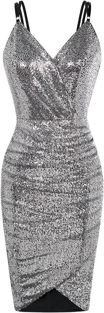 GRACE KARIN Women's Sexy Sequin Sparkly Glitter Ruched Party Club Dress Spaghetti Straps Wrap V-Neck | Amazon (US)