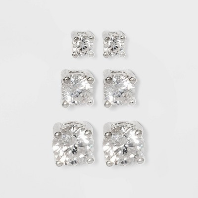 Women's Sterling Silver Stud Earrings Set with Round Cubic Zirconia 3pc - A New Day™ Silver | Target