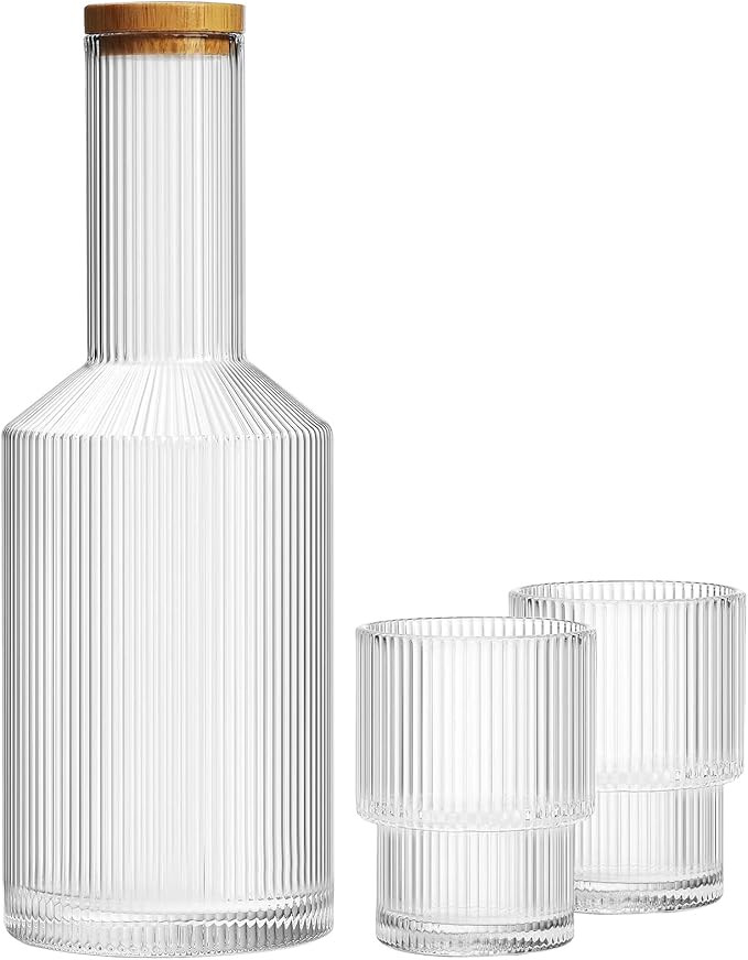 ALINK Glass Bedside Water Carafe with Lid and Glass Cups Set, Ribbed Carafe Glassware Drinking Gl... | Amazon (US)
