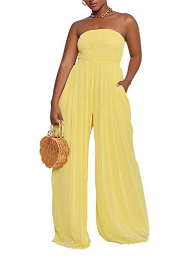 Ophestin Women's Strapless Tube Wide Leg Jumpsuits Smocked Women Jumpsuits Dressy Casual Flowy One Piece Jumpsuits Rompers Yellow XXL | Amazon (US)