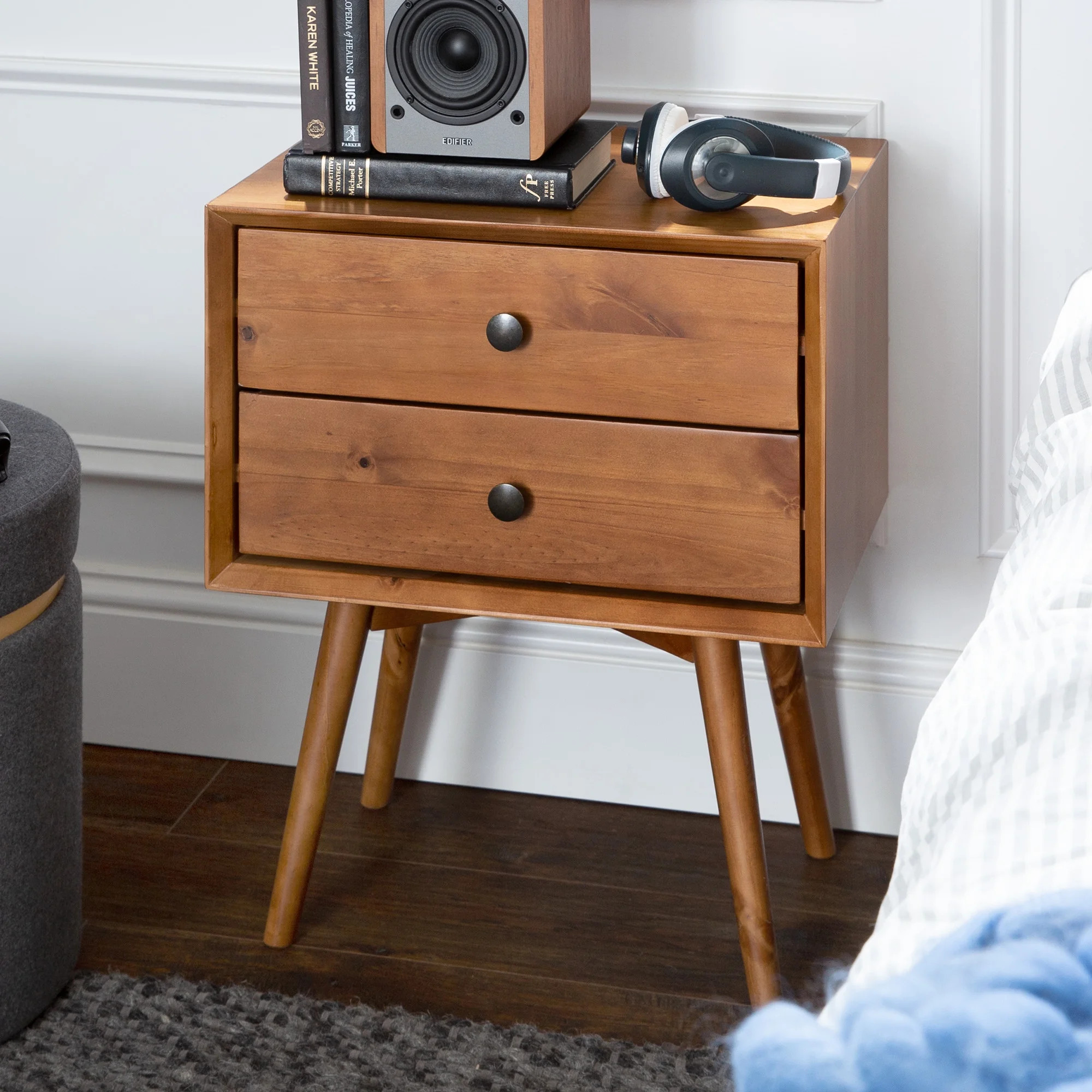 Desert Fields Mid Century 2 Drawer Solid Wood Nightstand, Caramel | Walmart (US)