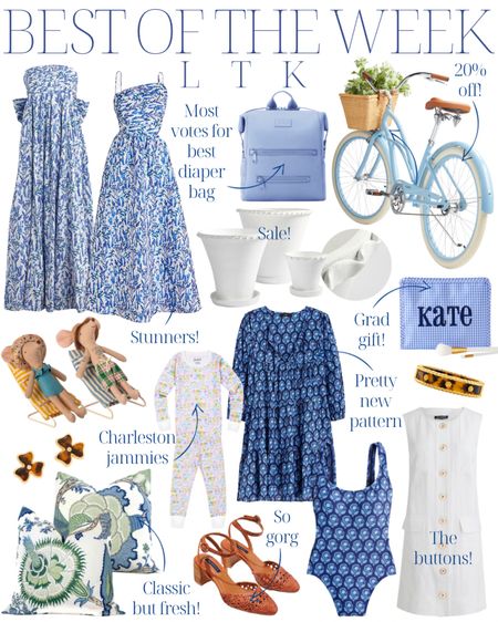 Best of the week! Blue and white floral dress, wedding guest dress, shower dress, diaper bag, mom bag, light blue bike bicycle, coastal living, coastal home, home decor, grandmillenial home, classic home, preppy home, preppy style, white scalloped ruffle wavy planter pot, blue gingham bag, tortoise cuff bracelet bangle, white button up button down dress brass buttons, blue and white floral coverup, swim, swimsuit, dress, casual summer style dress, blue and green designer floral pillows, Charleston style gift idea kids toddler pajamas, maileg, tortoise floral earrings, woven brown heel sandals 

#LTKhome #LTKSeasonal #LTKstyletip