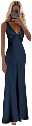 Satin Corset Prom Dresses for Women V Neck Long Halter Evening Formal Dress | Amazon (US)