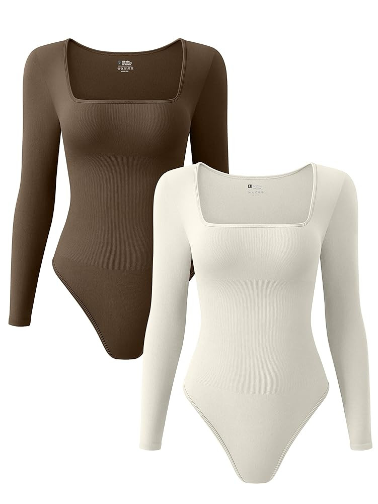 OQQ Women's 2 Piece Bodysuits Sexy Ribbed One Piece Square Neck Long Sleeve Tops | Amazon (US)