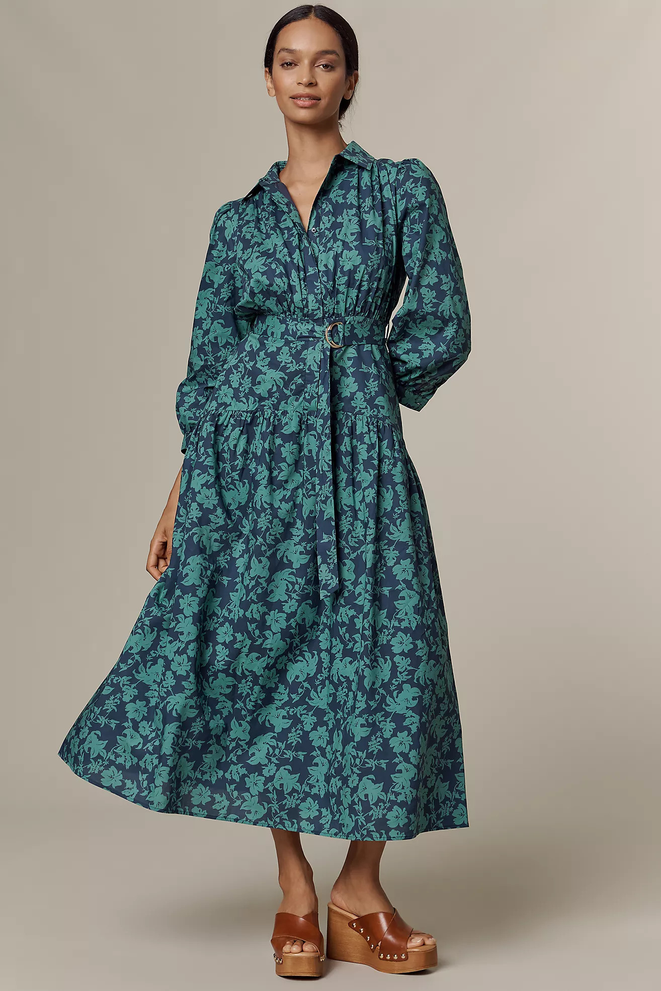 English Factory Long-Sleeve Belted Midi Shirt Dress | Anthropologie (US)