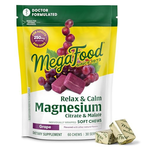 MegaFood Relax + Calm Magnesium Supplement - Soft Chews with Magnesium Citrate & Malate for Heart Health, Muscle Tension & More - Vegetarian - Grape-Flavor - 60 Chews (30 Servings) | Amazon (US)