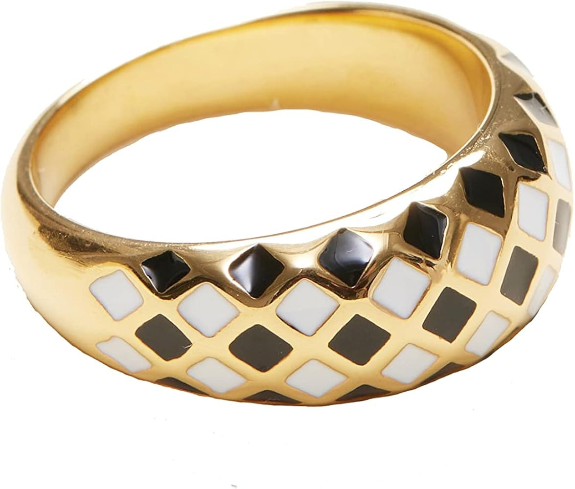 18K Gold Plated Titanium Checker Dome Ring. Vintage Styled Women Checkered Ring, Stackable Ring | Amazon (US)