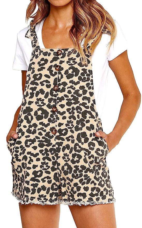 ECOWISH Women Leopard Bib Overalls Sexy Strap Backless Summer Beach Romper Jumpsuit with Pockets | Amazon (US)