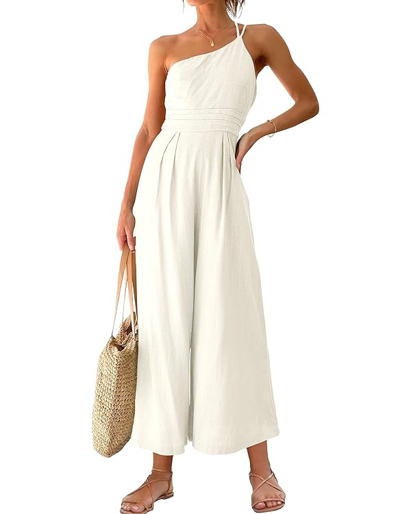ANRABESS Women's Summer Straps One Shoulder High Waist Casual Wide Leg Linen Jumpsuit Romper with... | Amazon (US)