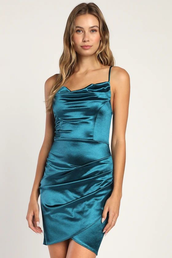 Get The Invite Teal Blue Satin Cowl Neck Faux-Wrap Mini Dress | Lulus (US)
