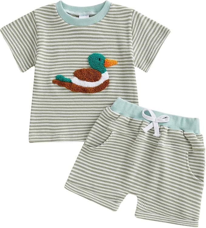 Toddler Baby Boy Summer Clothes Waffle Striped Embroidered T-Shirt Short Set Infant Outfit 6 12 1... | Amazon (US)