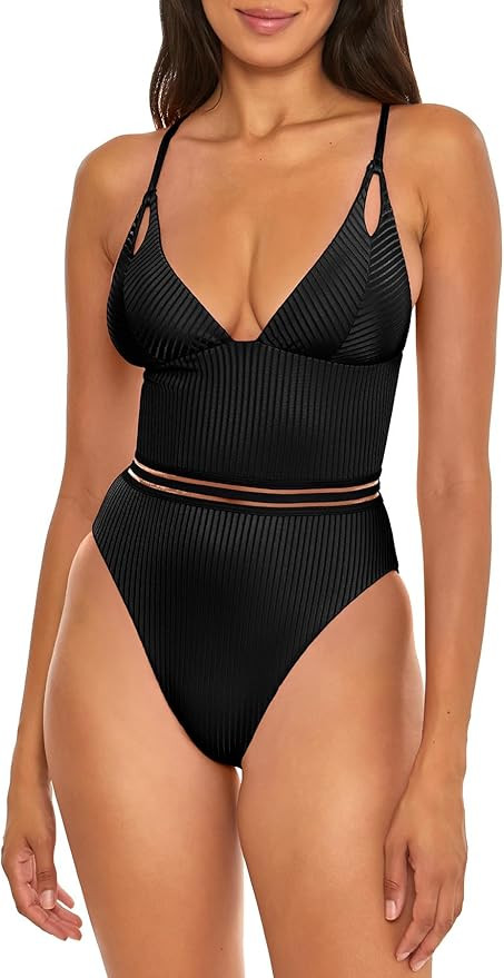 ISABELLA ROSE Women's Standard Queensland High Leg One Piece Swimsuit, Plunge Neck, Bathing Suits | Amazon (US)