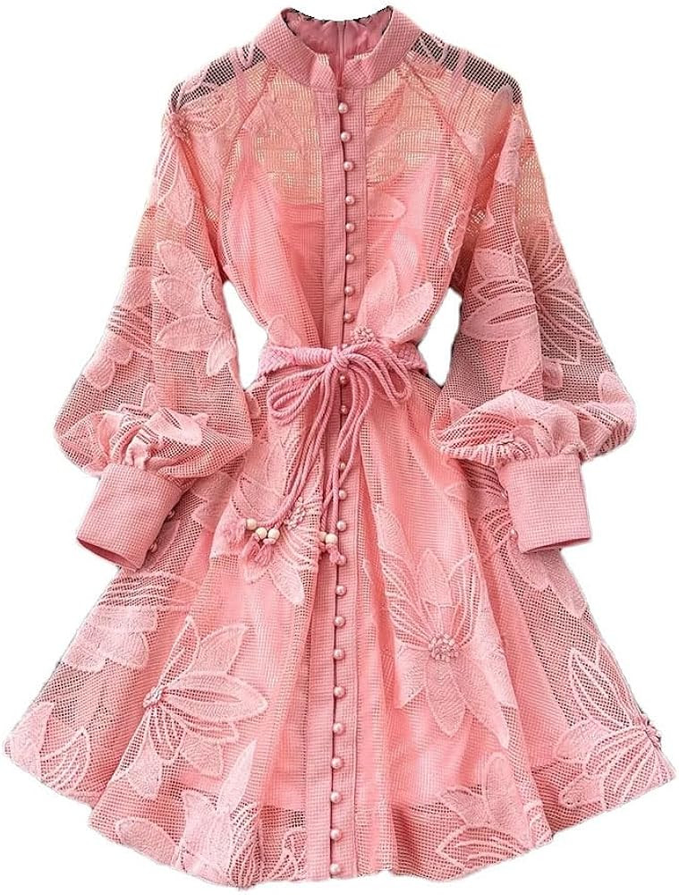 Spring Summer Lace Embroidery Dress for Women Long Lantern Sleeve Single Breasted Belt Party Dres... | Amazon (US)