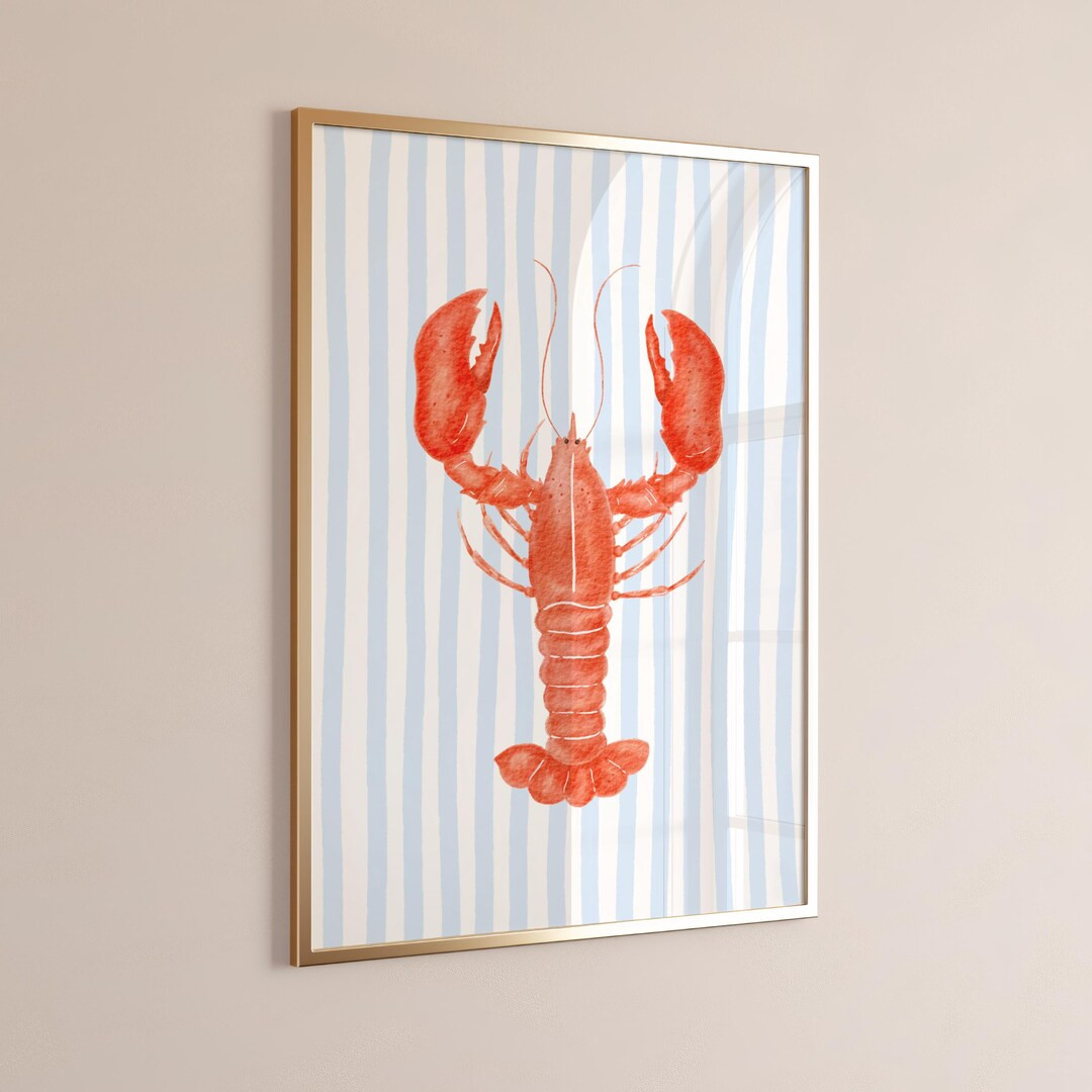 Red Lobster Coastal Wall Art – Beach House Decor, Sea Life Posters, Blue Stripe Background, Oce... | Etsy (US)