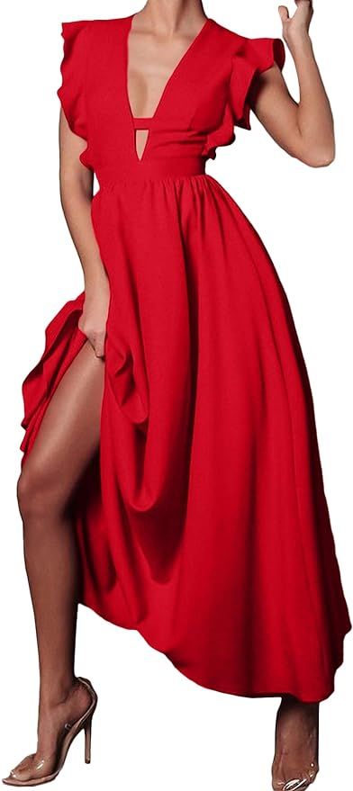 OPOIPIN Women's Deep V Neck Ruffle Cap Sleeve High Waist A Line Swing Party Maxi Long Dress | Amazon (US)