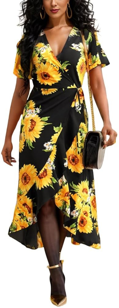 Women’s Deep V Neck Wrap Maxi Dresses Casual Ruffle Hem Split Long Dress | Amazon (US)