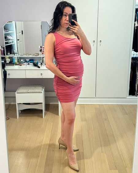A bit of a sexier maternity look. I sized up to a medium in this ruched one shoulder bodycon dress to make it bump friendly. On sale under $20 from lulus and great for date night, a party, vacation, or as a wedding guest dress. 

#LTKwedding #LTKbump #LTKunder50